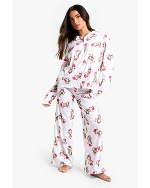 Boohoo Petite Christmas Bear Print Pyjama Set - White