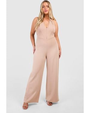 Boohoo Plus Scuba Crepe Corset Hook & Eye Detail Halter Neck Wide Leg Jumpsuit - Natural