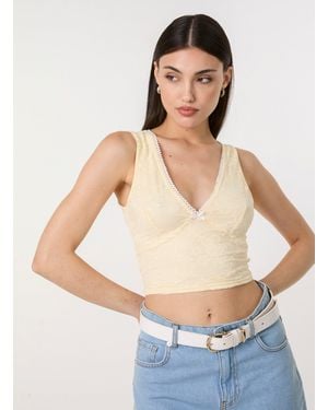 Pink Vanilla V Neck Lace Crop Top - Yellow