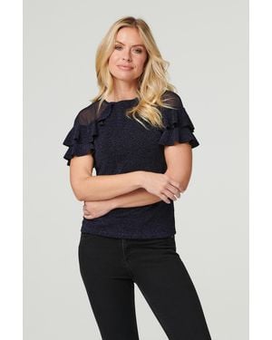 Izabel London Sheer Shoulder Frill Sleeve Top Nylon - Blue