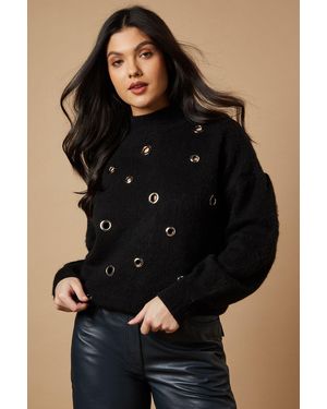 Warehouse Eyelet Scoop Neck Jumper - Black