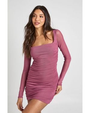 Boohoo Square Neck Ruched Mesh Bodycon Dress - Pink