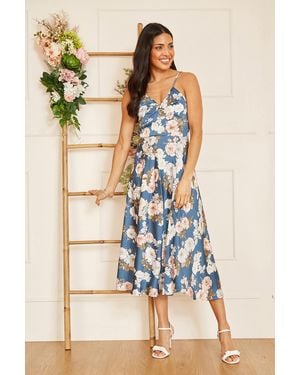 Mela London Floral Satin Twist Front Midi Dress - Blue