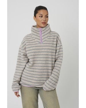 Brave Soul Sherpa Fleece Striped Print Sweatshirt - Grey
