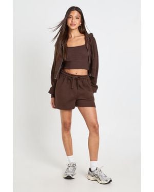 Boohoo Deep Hem Crop Top 3 Piece Hooded Short Tracksuit - Brown