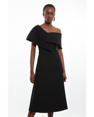 Karen Millen Petite Stretch Crepe Asymmetric Collar Tailored Full Skirt Midaxi Dress - Black