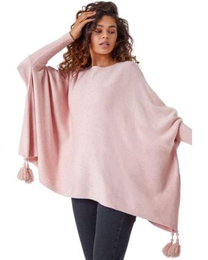 Roman Sparkle Embellished Tassel Poncho - Pink