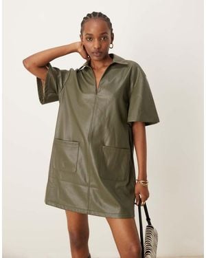 ASOS Revere Collar Pu Leather Look Mini Shirt Dress With Contrast Stitching - Green