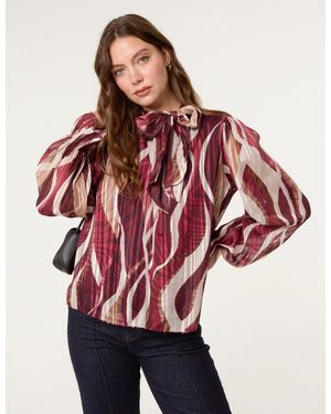Blue Vanilla Geometric Print Pussybow Metallic Top - Red