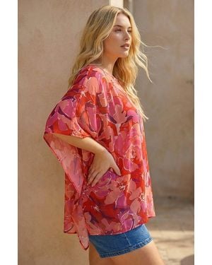 Roman Curve Floral Chiffon Hanky Hem Top - Red