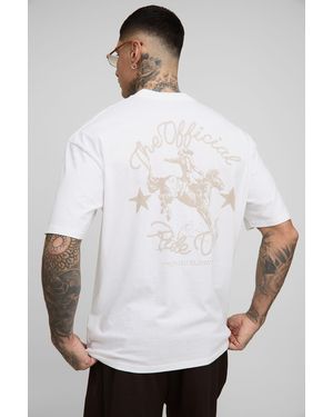 BoohooMAN Tall Oversized Extended Neck Western Print T-Shirt - White