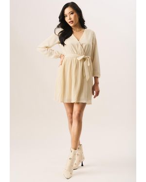 Gini London Pleated Long Sleeve Wrap Mini Dress - Natural