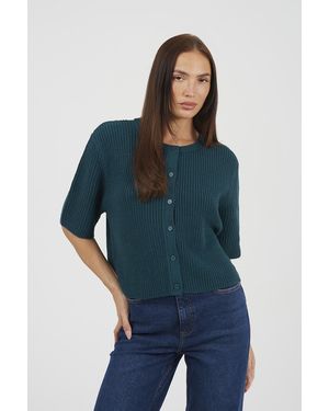 Brave Soul Short Sleeve Crew Neck Fisherman Knit Cardigan - Blue