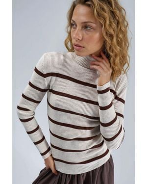 My Fashion Fitted Striped Ribbed Turtleneck Jumper - Grey