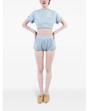 Prada Logo-Patch Fleece Shorts - Blue