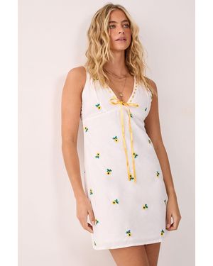 Nasty Gal Cotton Sunflower Embroidered Ribbon Trim Mini Dress - White
