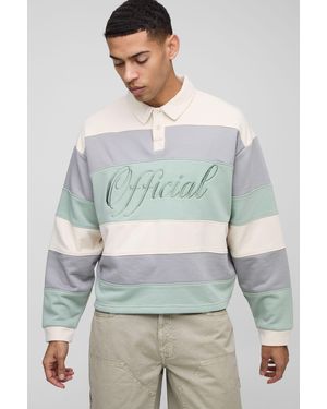 BoohooMAN Oversized Boxy Stripe Embroidered Rugby Polo - Grey