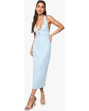 Boohoo Tailored Buckle Detail Halter Neck Midi Dress - Blue