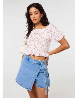 Pink Vanilla Short Sleeve Ruched Cherry Top - Blue