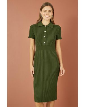 Yumi' Fitted Rib Knitted Midi Dress With Daisy Buttons Material_Viscose - Green