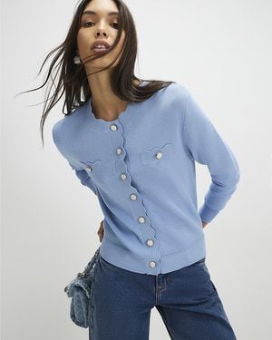 River Island Cardigan Knit Fitted Scallop Trim Viscose - Blue