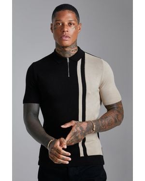 BoohooMAN Short Sleeve Muscle Fit Colour Block Knit Polo - Grey