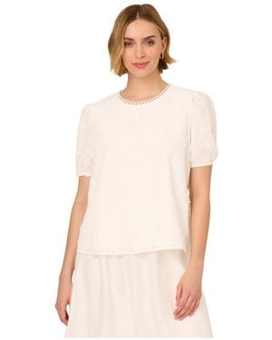 Adrianna Papell Crew Neck Elbow Puff Sleeve Woven Shirt With 3D Flowers - White