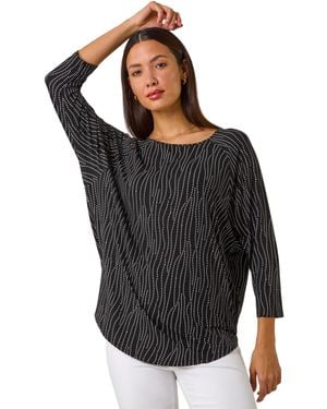 Roman Swirl Spot Print Stretch Top - Black
