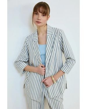 GUSTO Striped Linen Blazer - Blue