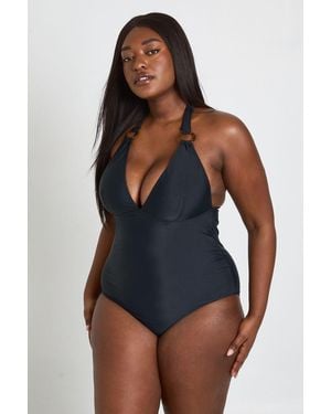 Boohoo Plus Trim Detail Plunge Swimsuit - Blue