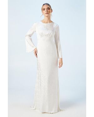 Oasis Peony Satin Jacquard Flare Sleeve Wedding Dress - White