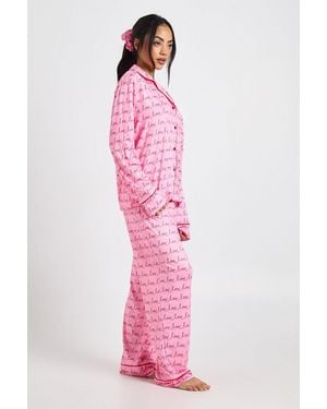 Boohoo Valentines Script Long Sleeve Shirt & Trouser 3 Piece Pyjama Set - Pink