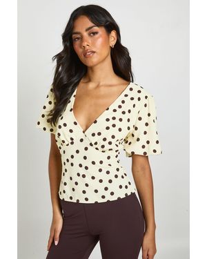 Boohoo Polka Satin V Neck Angel Sleeve Blouse - Yellow