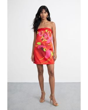 Warehouse Satin Strapless Placement Floral Print Mini Dress - Red