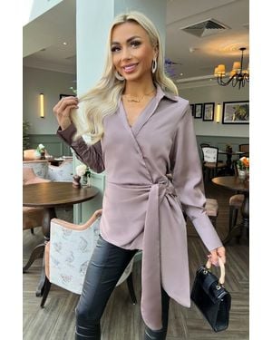 AX Paris Satin Tie Waist Wrap Shirt - Grey
