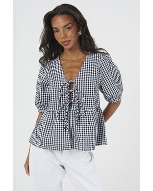 Brave Soul Short Puff Sleeve Gingham Tie Front Blouse - Blue