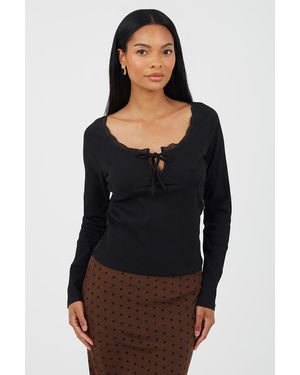 Brave Soul Ribbed Long Sleeve Top With Lace Trim - Black