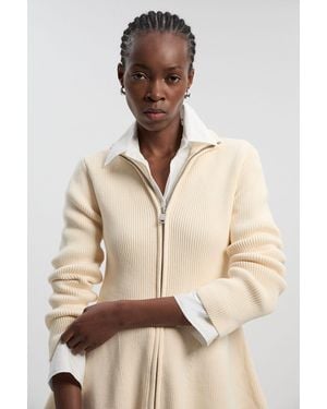 Karen Millen Cotton High Neck Zip Through Longline Knit Jacket - Natural