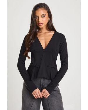 Boohoo Bengaline Plunge Front Long Sleeve Bow Detail Top - Black