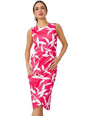 Roman Leaf Print Ruched Shift Dress - Red
