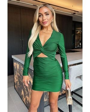 AX Paris Long Sleeve V Neck Knot Detail Cut Out Ruched Skirt Mini Dress - Green