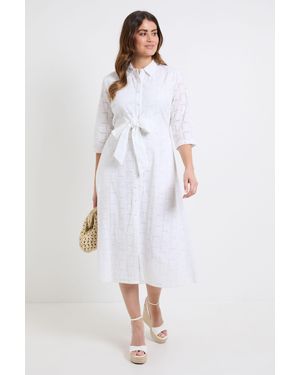 PRINCIPLES Geo Broderie Tie Front Midi Shirt Dress - White