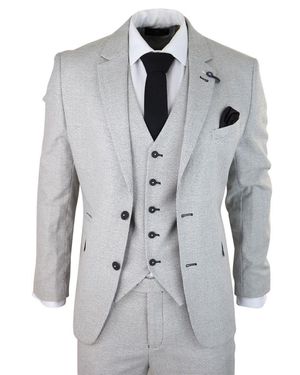 Infinity Leather 3 Piece Light Check Tweed Retro Classic Suit - Grey