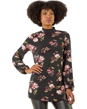 Roman Floral High Neck Tunic Top - Black