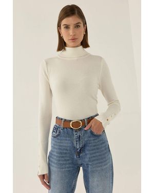 Hiccup Basic Turtleneck Button Detail Knitted Top - Natural