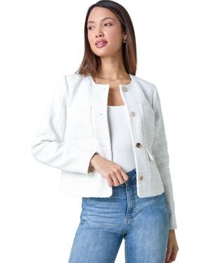 Roman Collarless Boucle Jacket - White
