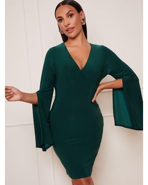 Chi Chi London V Neck Split Sleeve Bodycon Mini Dress - Green