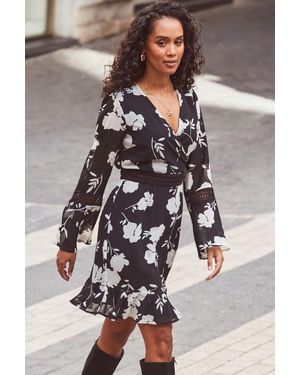 Sosandar Floral Print Lace Trim Faux Wrap Dress - Black