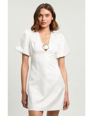 Karen Millen Tailored Puff Sleeve Trim V Neck Detail Mini Dress - White