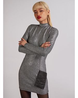 Pink Vanilla Metallic High Tie Neck Open Back Dress - Grey
